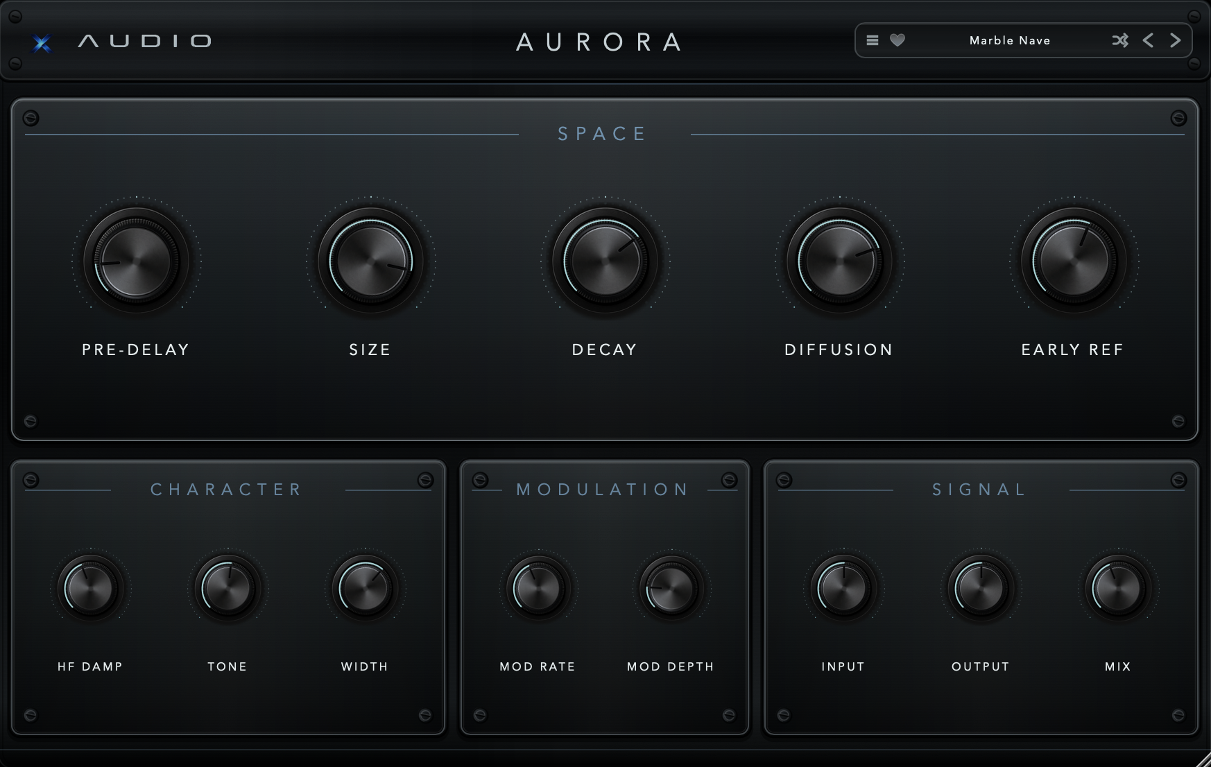Aurora premium reverb plugin interface in Dark Mode