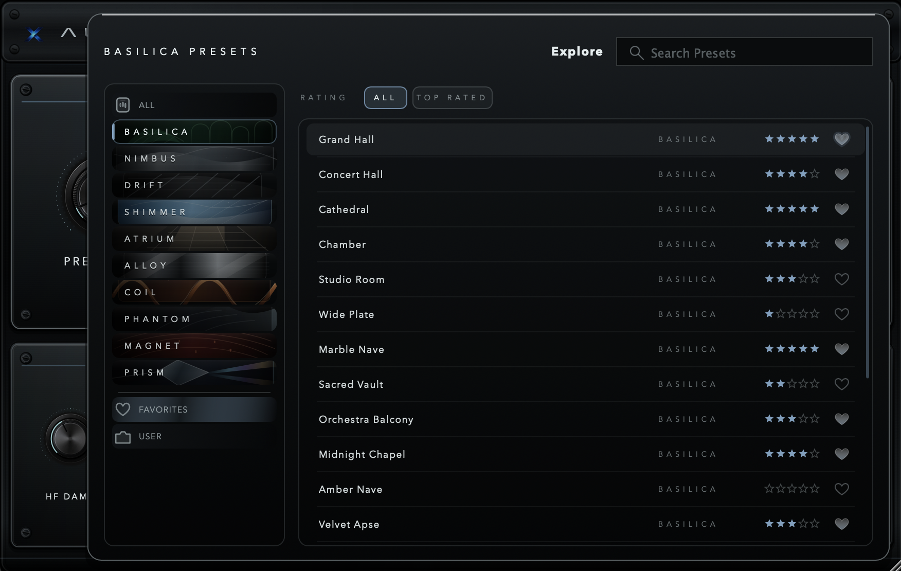Aurora preset browser with preset categories and favorites