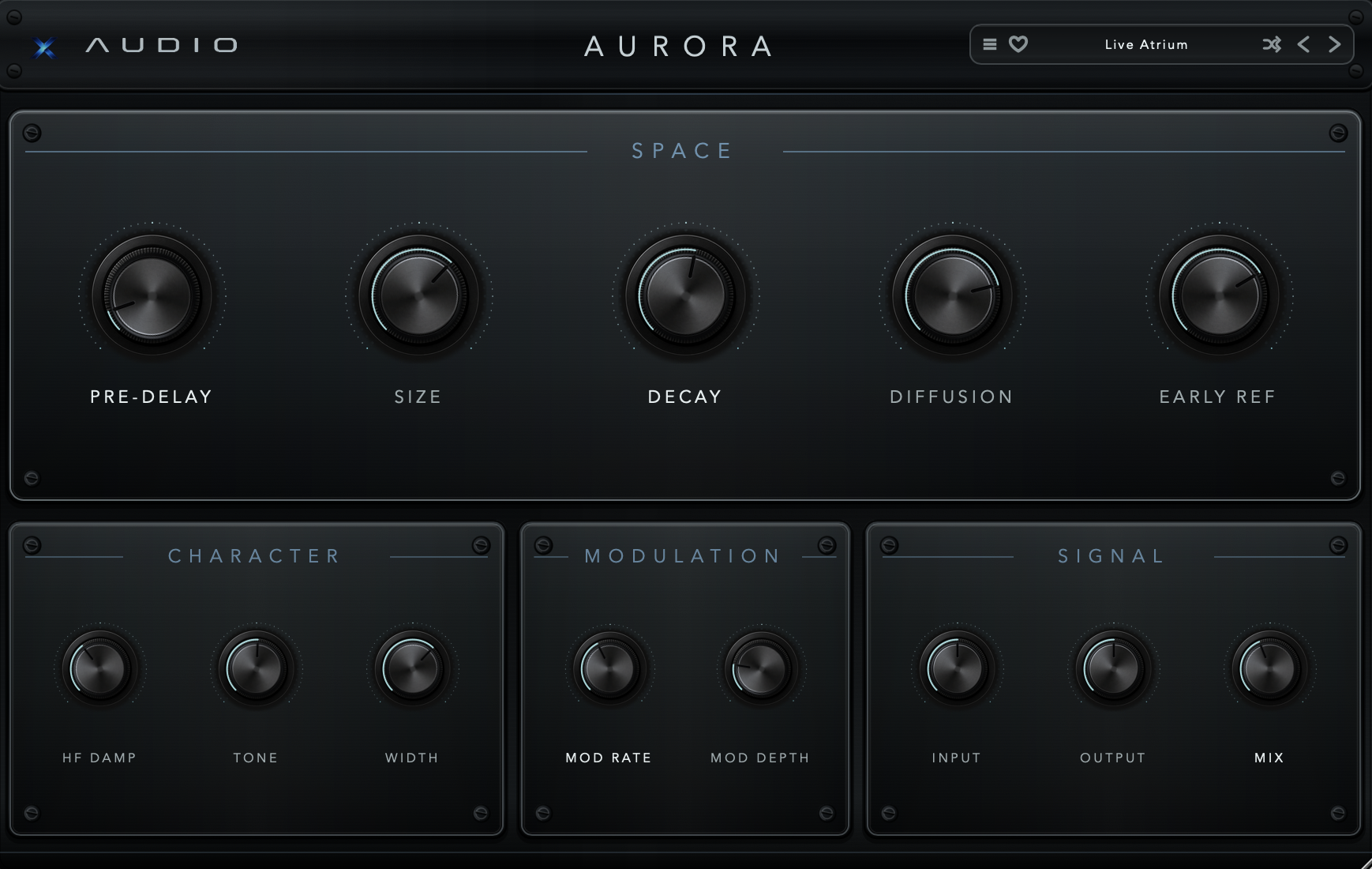 Aurora in Dark Mode showing Preset Shuffle and locked Pre-Delay, Decay, Mod Rate and Mix labels
