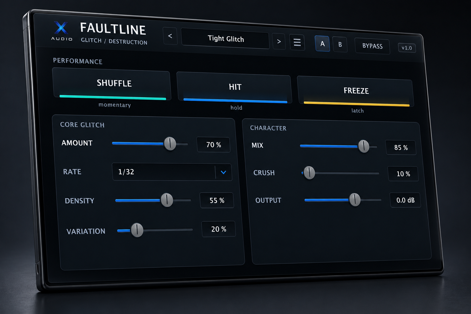FAULTLINE glitch plugin interface — beat repeat, freeze and bitcrush