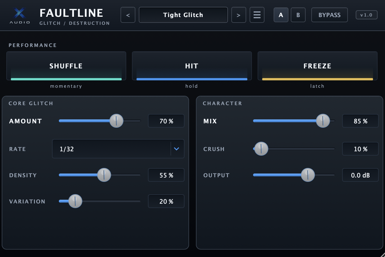 FAULTLINE plugin interface — the real macOS plugin UI in a DAW