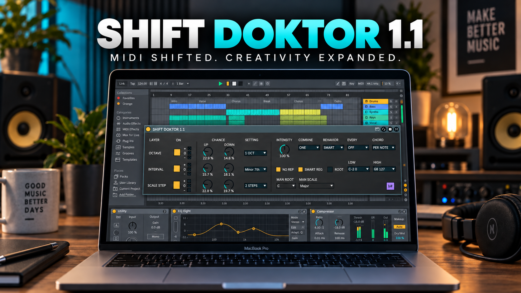 Shift Doktor 1.1 promotional artwork showing the MIDI device in Ableton Live
