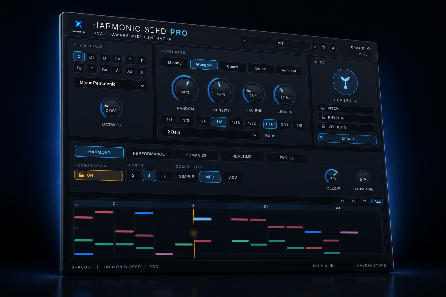 Harmonic Seed Pro — scale-aware MIDI generator plugin